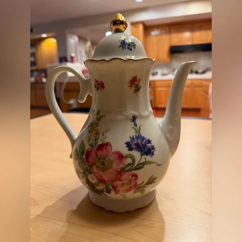Vintage European Floral Coffee/Tea Pot with Gold Trim 10” tall